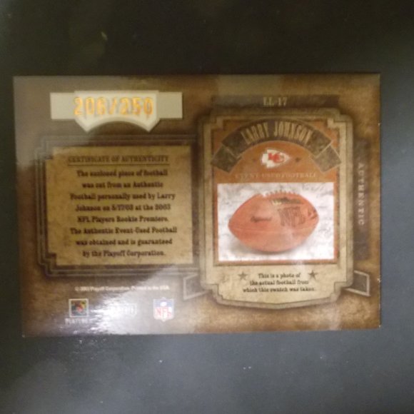 Larry Johnson 2003 NFL Playoff Hogg Heaven Chiefs Football Relic Card #206/250 - Picture 2 of 3